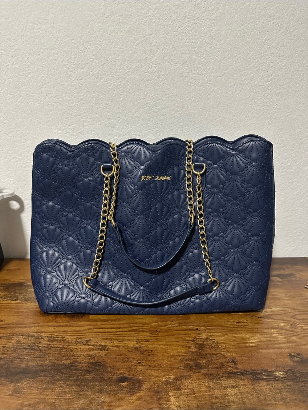 Betsey Johnson Navy Quilted Tote with Gold Chain Straps